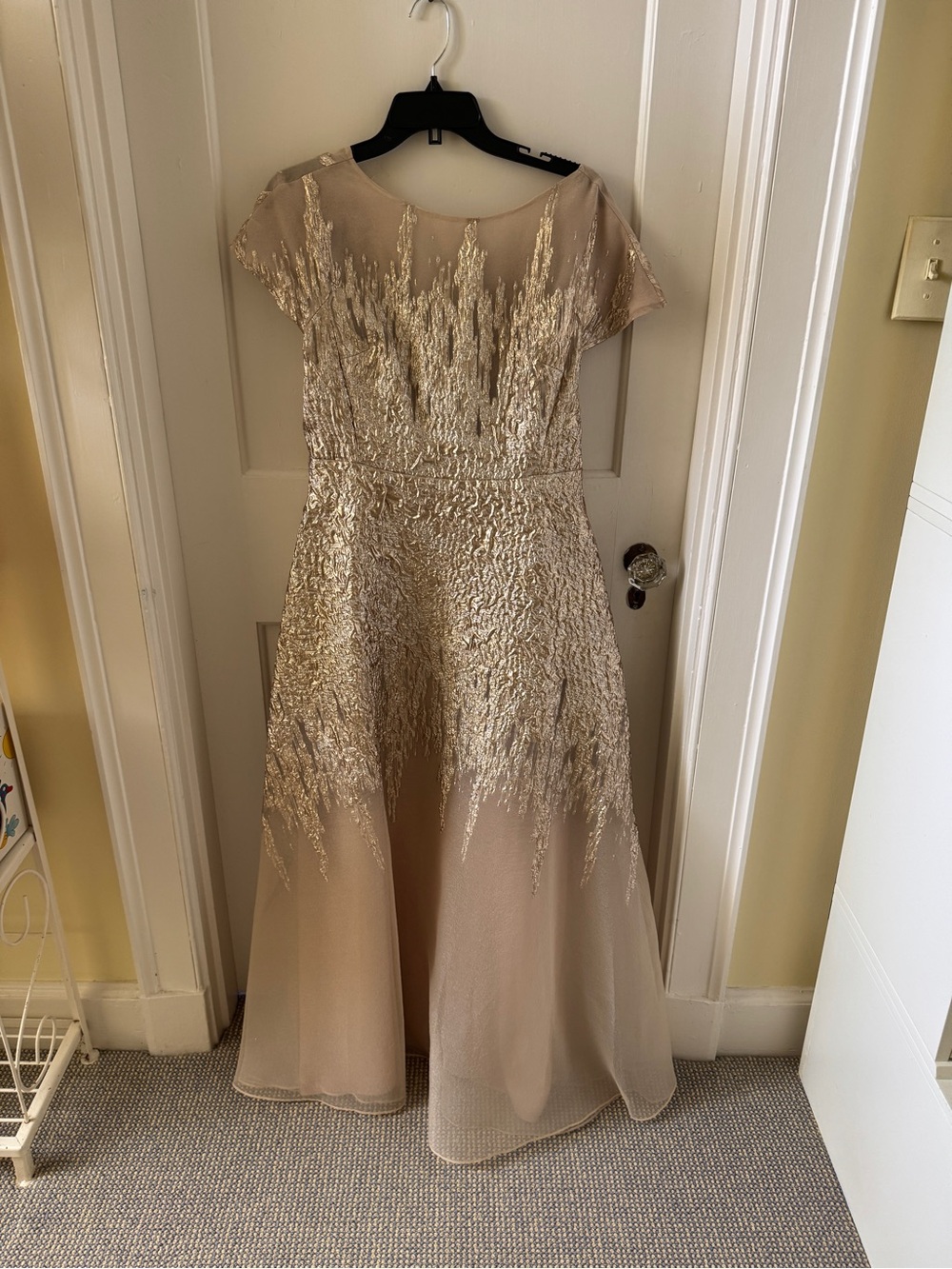 Elegant Gold-Embroidered Champagne Evening Dress